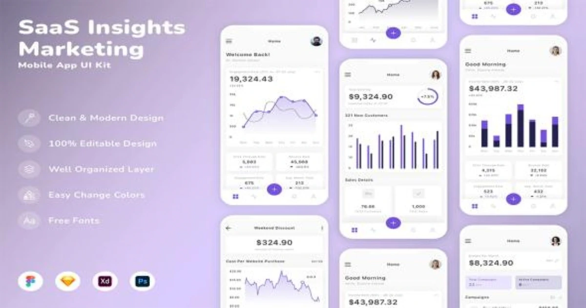 SaaS Insights & Marketing Mobile App UI Kit PSD - Codeintra