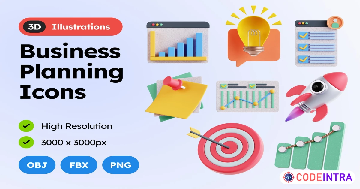 3D Business Planning Icons PNG OBJ FBX - Codeintra
