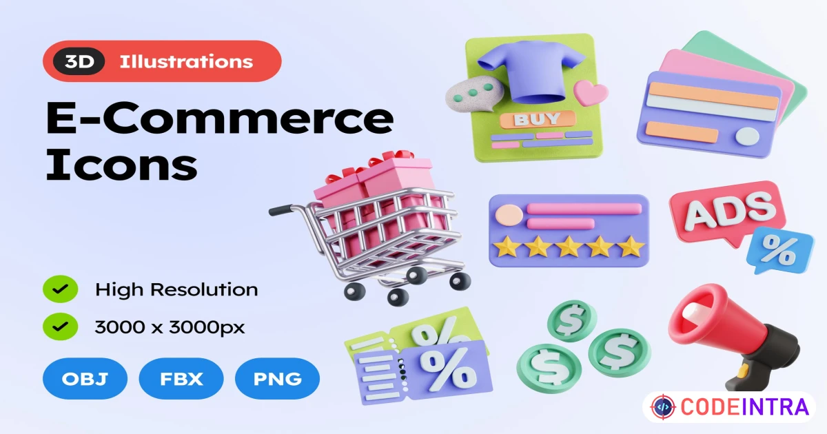 3D E-Commerce Icons PNG OBJ FBX - Codeintra