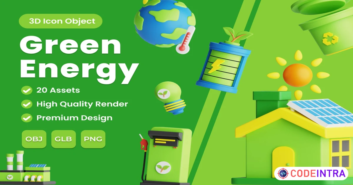 3d Green Energy Icon Pack in PNG, OBJ, GLB 3000px - Codeintra