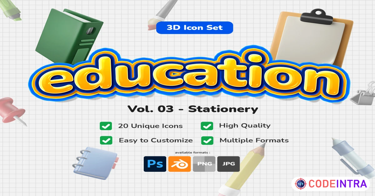3D Icon Set - Education Stationery Theme - Codeintra