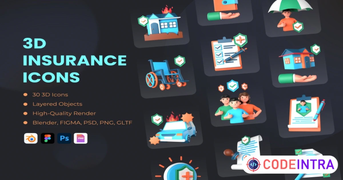 3D Insurance Icons in 5 Formats Pack of 30 - Codeintra