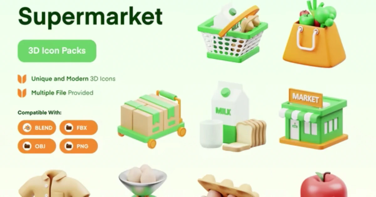 Supermarket High Quality 3D Icon Set - Blend & PNG - Codeintra