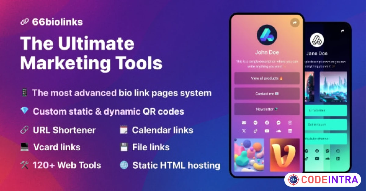 Product featured image 66biolinks - Bio Links, URL Shortener, QR Codes & Web Tools (Extended) - Codeintra