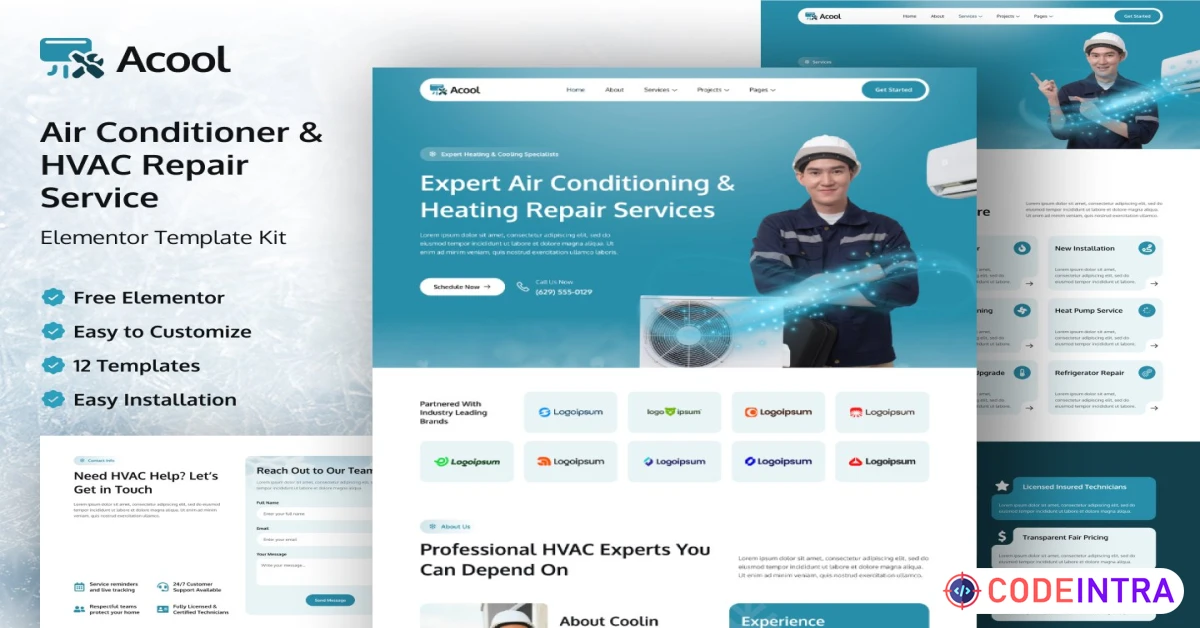 Product featured image Acool – Air Conditioner & HVAC Repair Service Elementor Template Kit - Codeintra