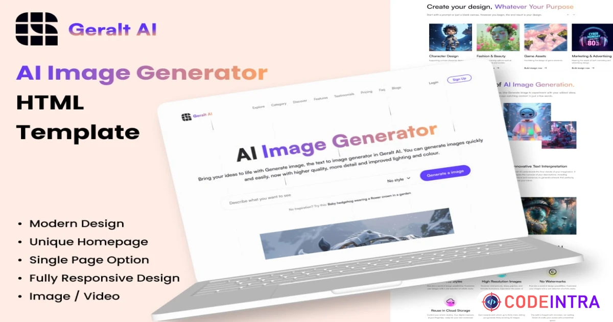 AI Image Generator One Page HTML Template - Geralt - Codeintra