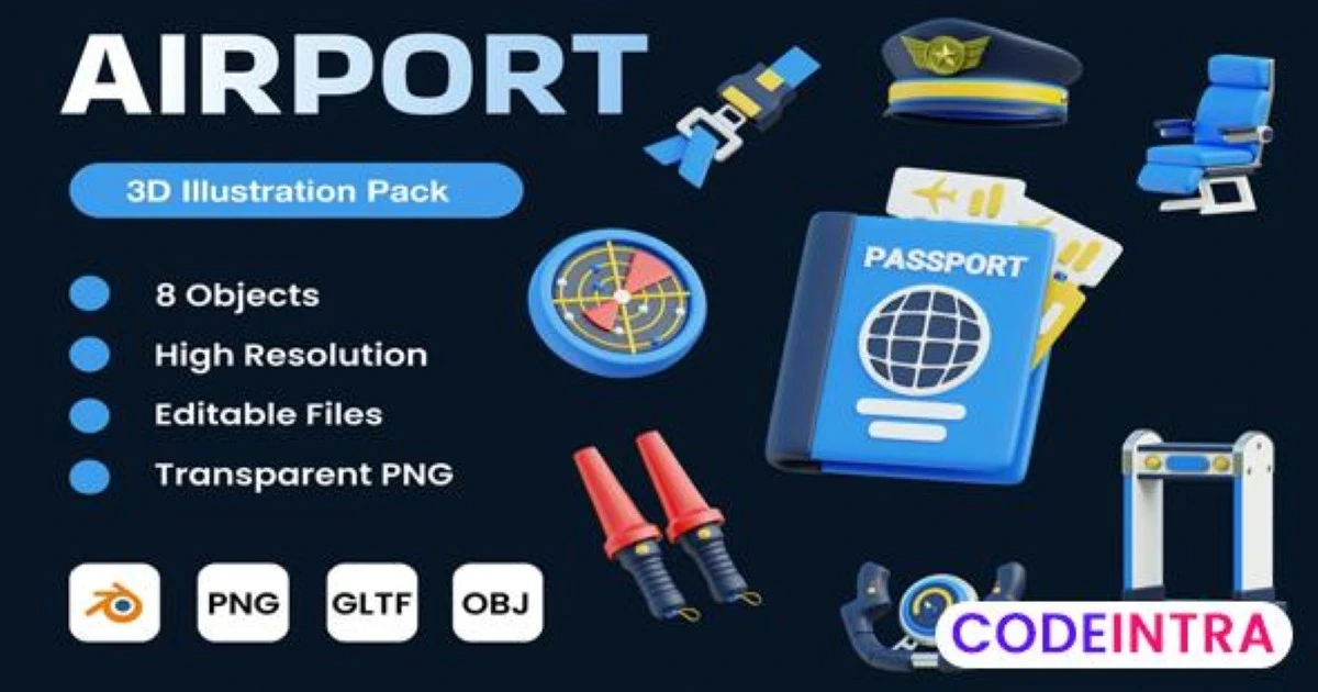 Airport 3D Illustration Pack Premium Quality Icons - Codeintra
