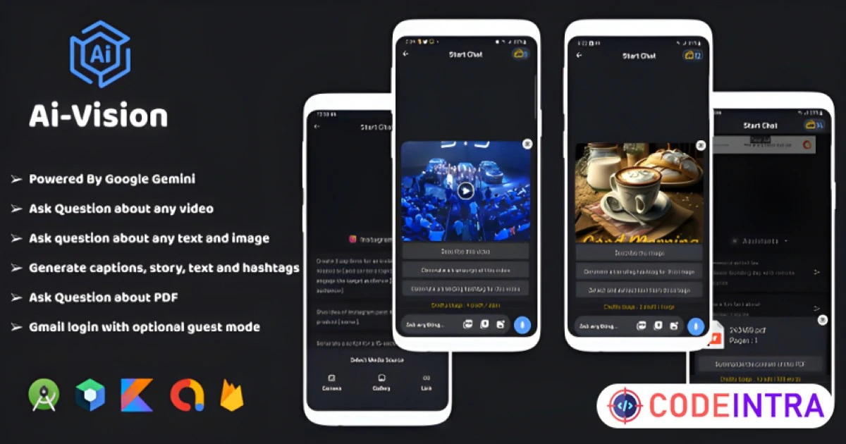 AiVision Powered By Gemini, Video Input, Image Input, AI Chat, Complete Android App - Codeintra