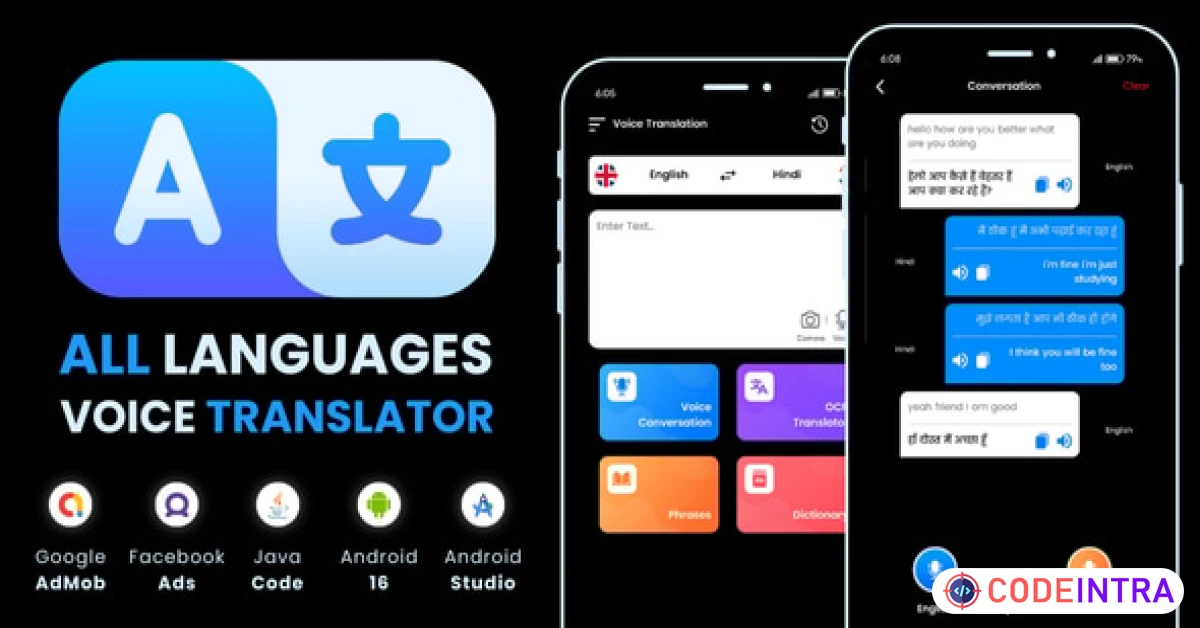 Product featured image All Languages Voice Translator with AdMob Meta Ads Android - Codeintra