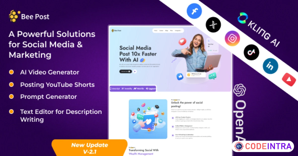BeePost - AI Social Media Management & Content Creation SaaS with Subscription System - Codeintra