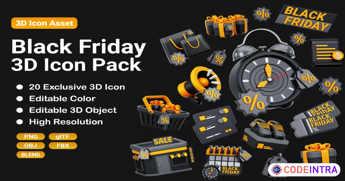 Product featured image Black Friday 3D Icon Set Premium HD Design - Codeintra
