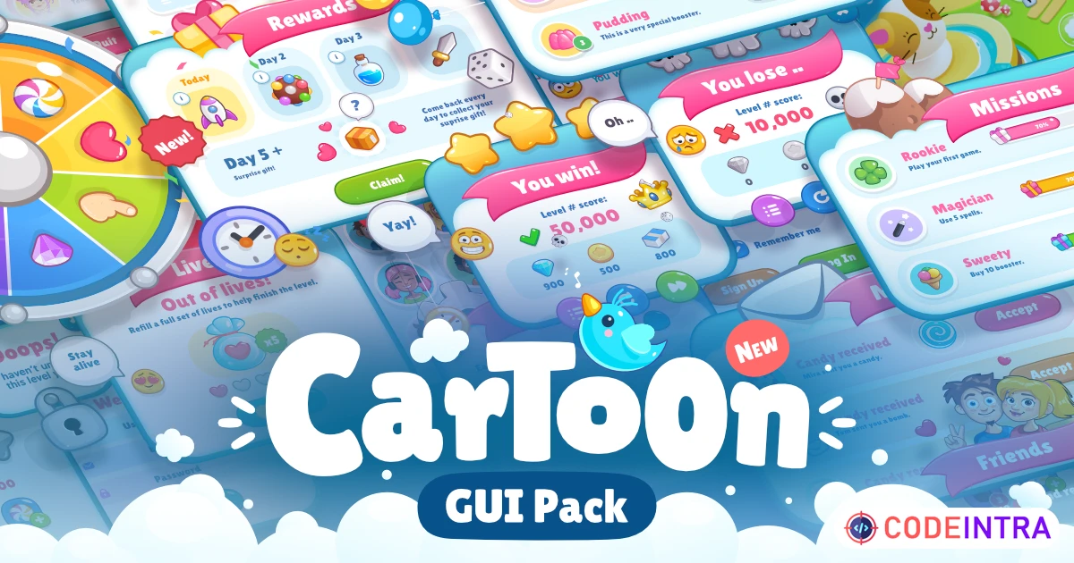 Cartoon GUI Pack | 2D GUI | Unity Assets - Codeintra