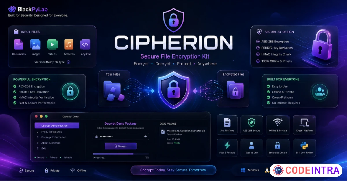 Product featured image Cipherion – Secure Python File Encryption Tool (AES-256, HMAC, PBKDF2) - Codeintra