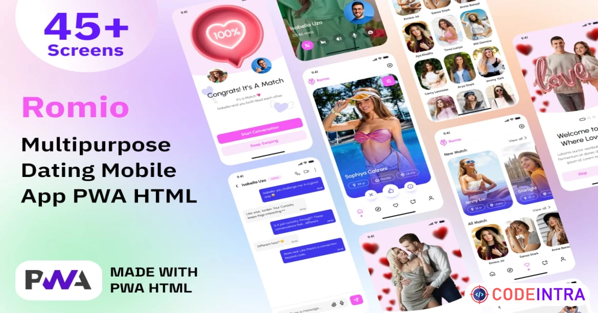 Product featured image Dating Mobile App PWA HTML Template - Romio - Codeintra