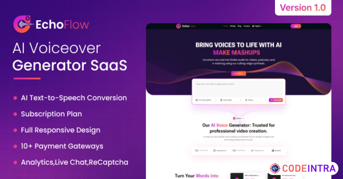 Product featured image EchoFlow - AI Voiceover Generator SaaS - Codeintra
