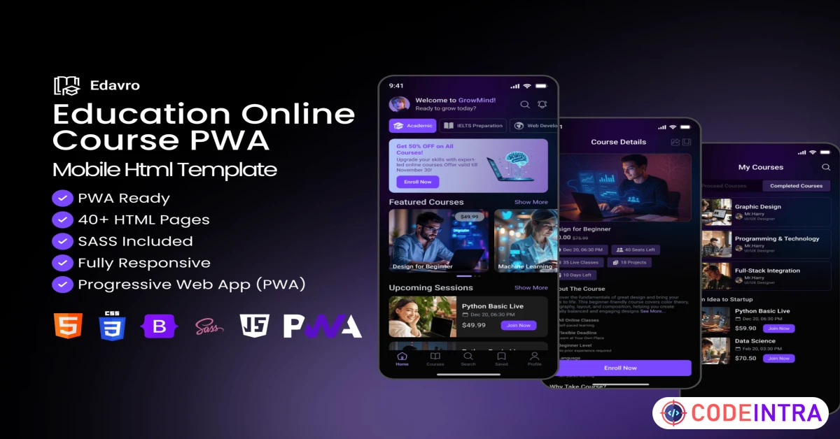Product featured image Education Online Course PWA Mobile Html Template - Codeintra