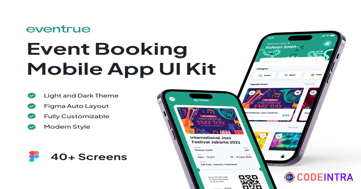 Product featured image Eventrue - Event Boking Mobile App UI KIT - Figma Resources - Codeintra