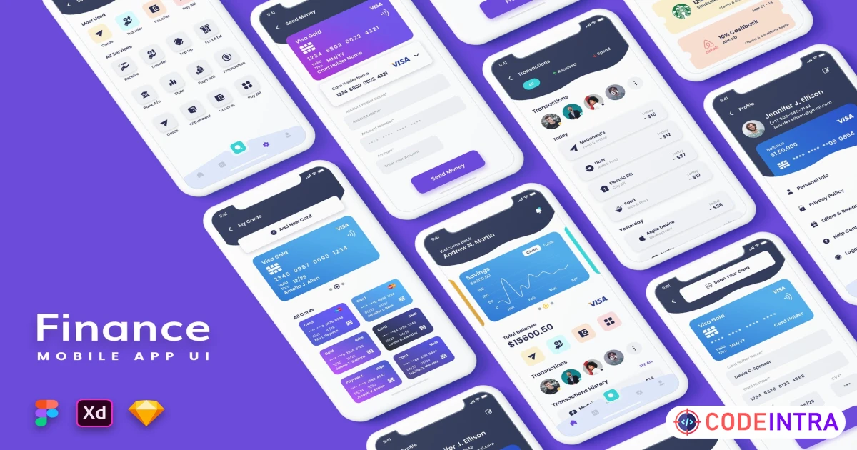 Financet - Finance Mobile App UI Kit in Sketch, Adobe XD and Figma - Codeintra