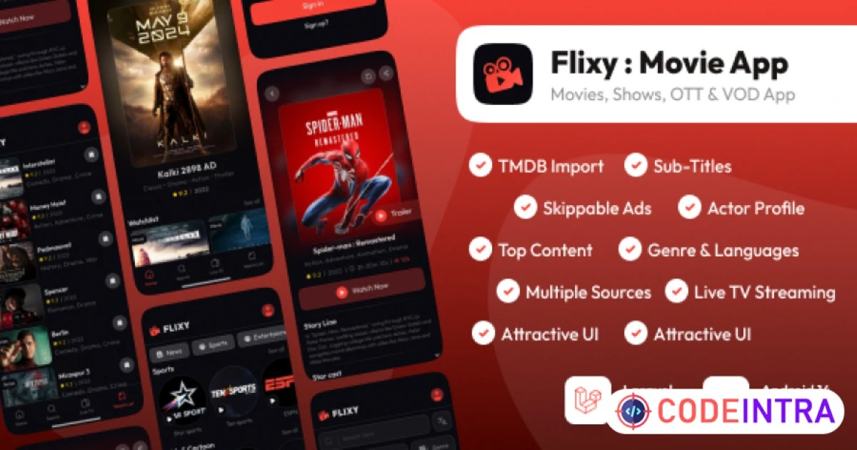 Flixy : Movie App : Series,Live TV, Video Streaming App, Netflix Clone : Android/Laravel - Codeintra