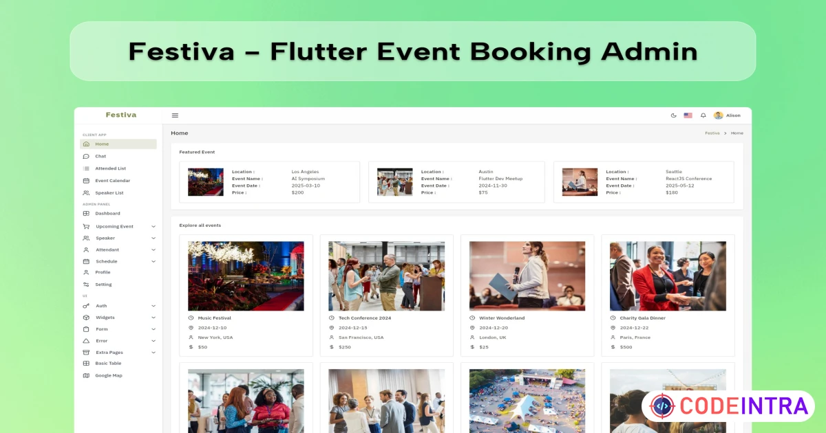 Flutter Event Booking Admin & Client Web - Codeintra