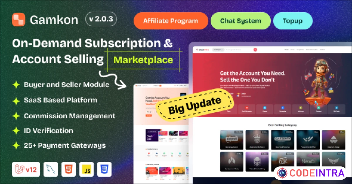 Product featured image Gamkon - On Demand Subscription Based Digital ID Selling Marketplace with Buyer and Seller Module - Codeintra