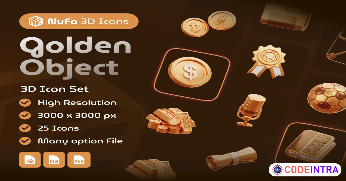 Golden Object 3D Icon Set in PNG and Blender - Codeintra