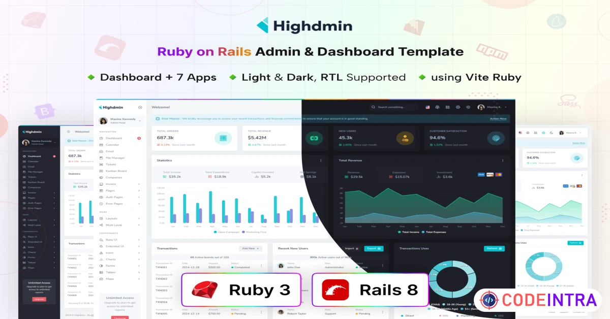 Product featured image Highdmin - Ruby on Rails Admin Dashboard Template - Codeintra
