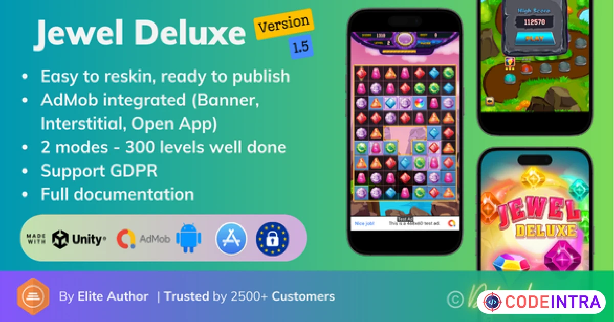 Jewel Deluxe - Unity Complete Project (Android + iOS + AdMob) - Codeintra