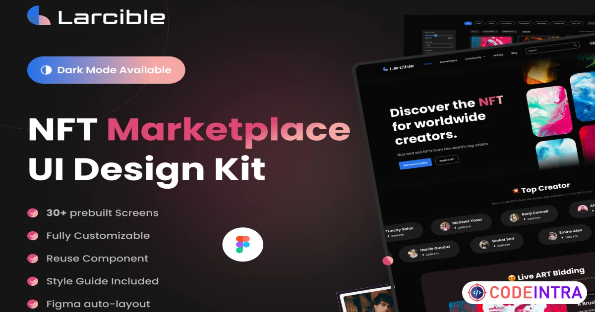 Larcible - NFT Marketplace Website - UI Kits - Codeintra