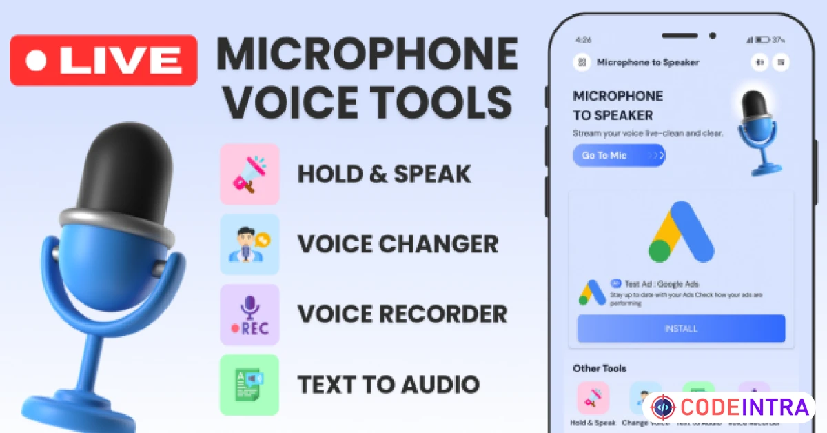Product featured image Live Microphone Voice Tools with AdMob Facebook Ads Android - Codeintra