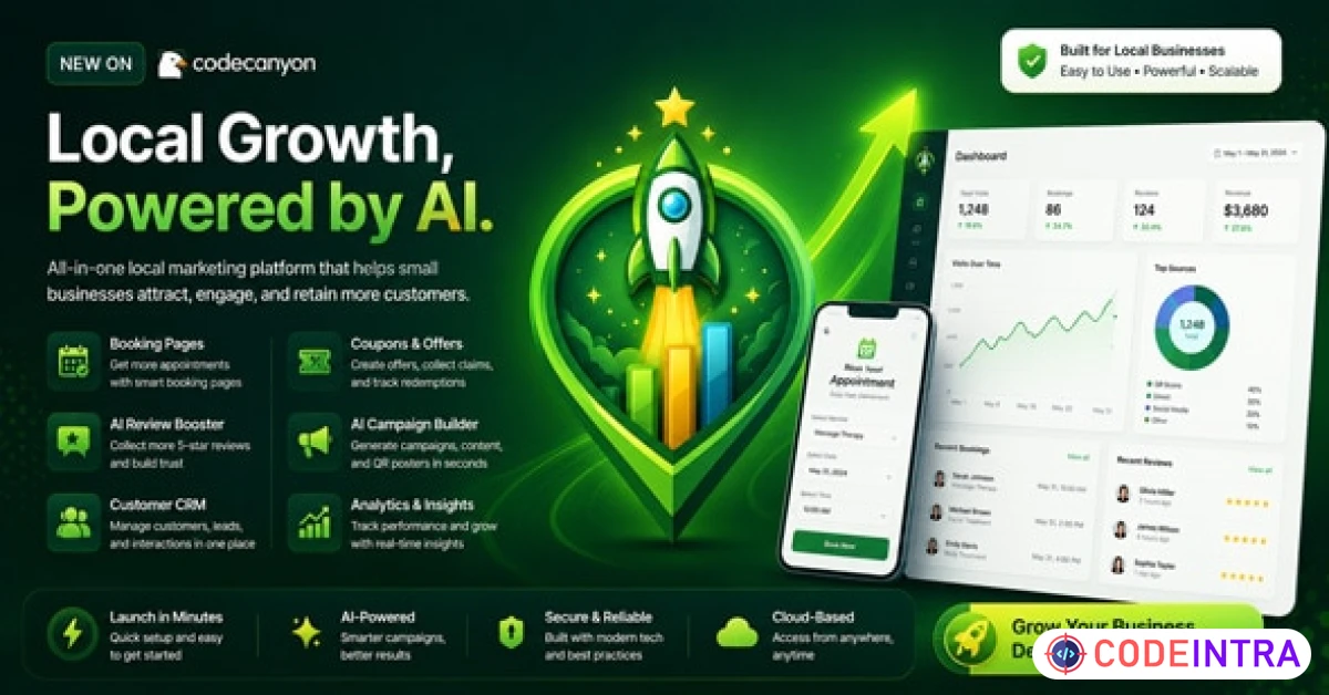 Product featured image LocalBoost AI – Review Booster, Booking, Coupons, Feedback & Lead Generation SaaS - Codeintra