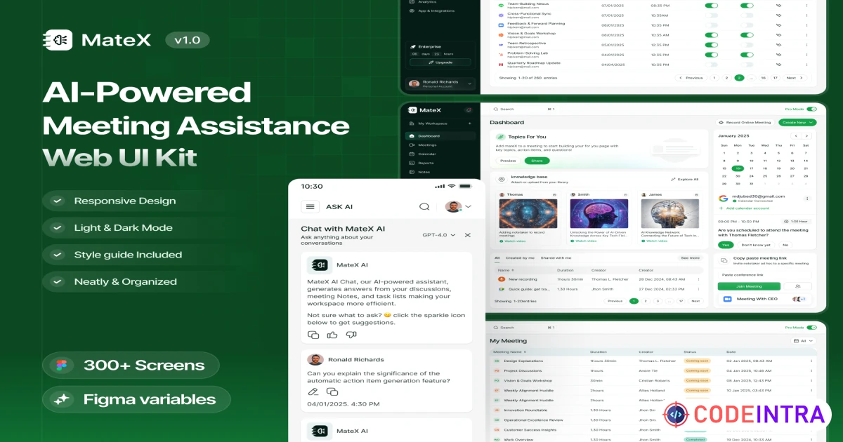 MateX - AI Meeting Assistants UI Kit In Figma Download Free - Codeintra