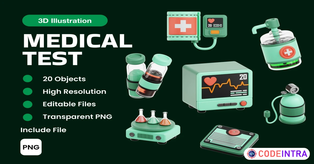 Product featured image Medical Test 3D Illustration PNG Icons Set - Codeintra