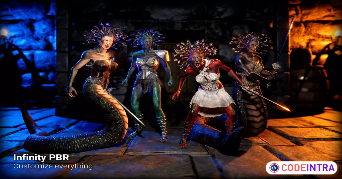 Medusa (Female) Human & Snake Mythology Pack PBR - Fantasy RPG | 3D Creatures | Unity Assets - Codeintra