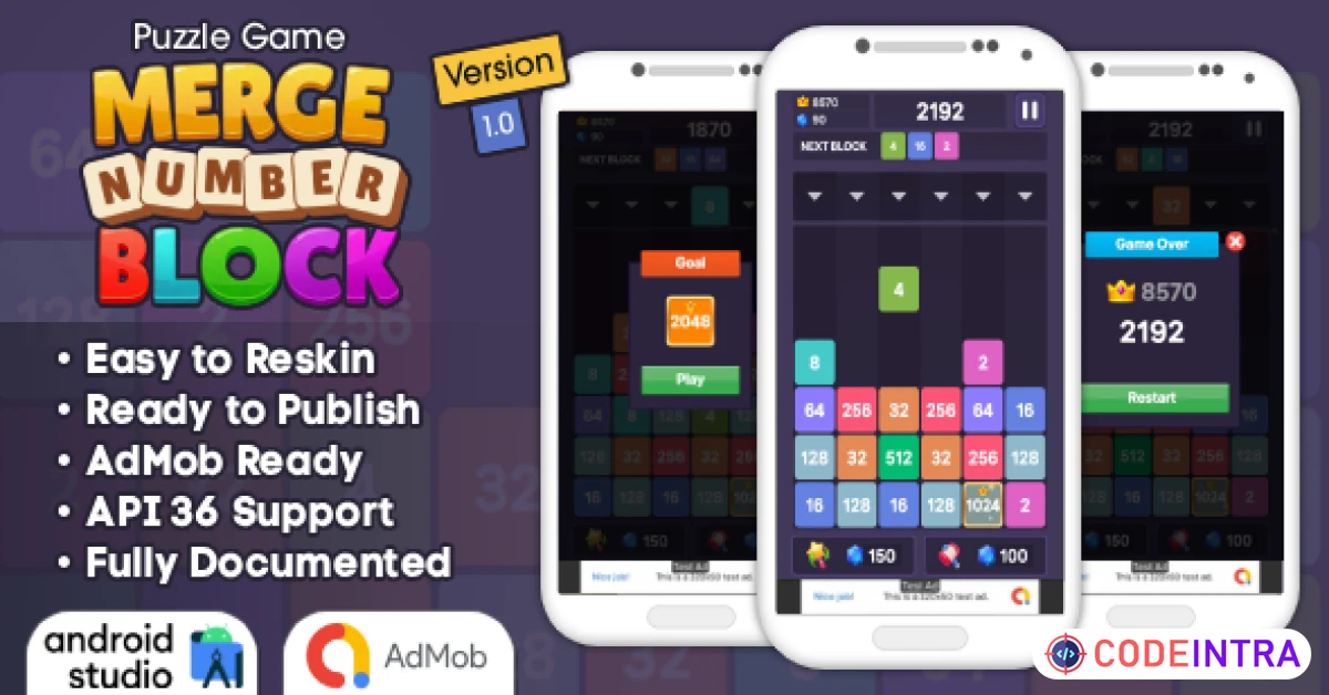 Product featured image Merge Number Block - Puzzle Game Android Studio Project with AdMob Ads + Ready to Publish - Codeintra