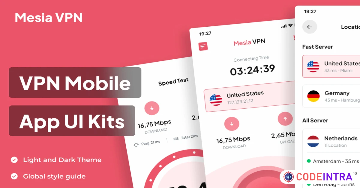Product featured image Mesia VPN - VPN Mobile App UI Kits - Codeintra