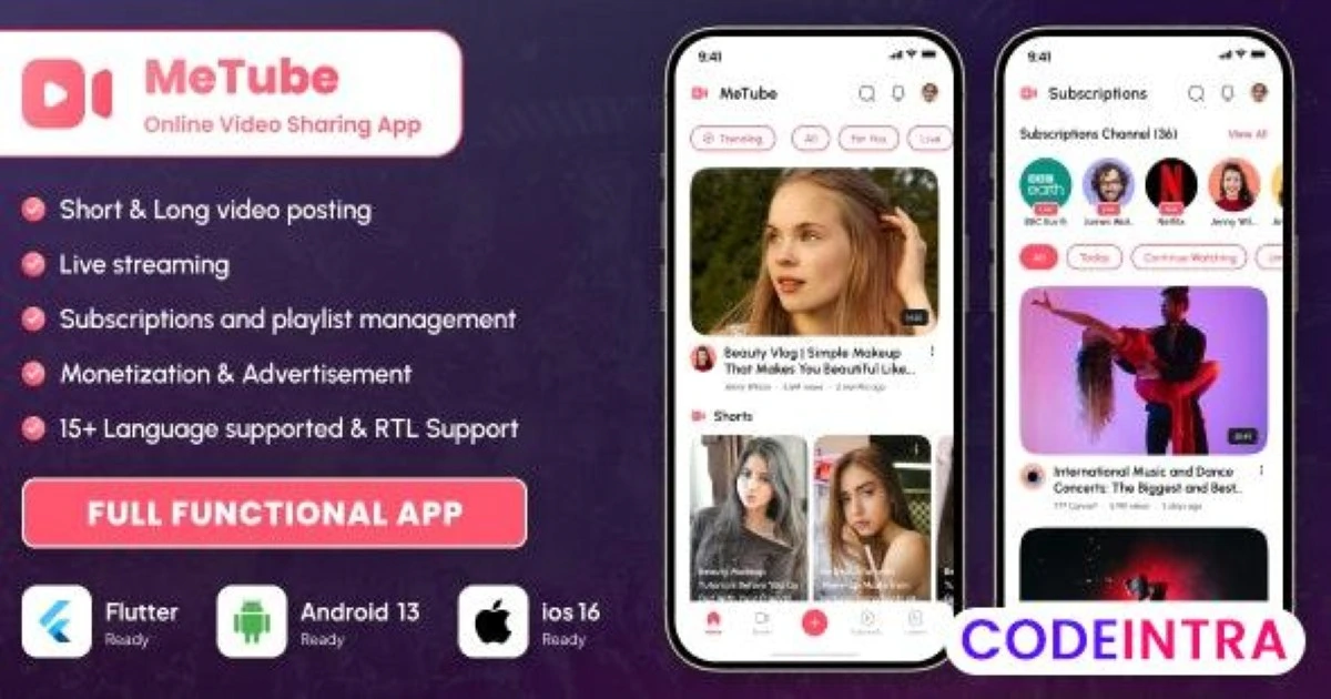 Metube - Video sharing app, Youtube clone in Flutt - Codeintra