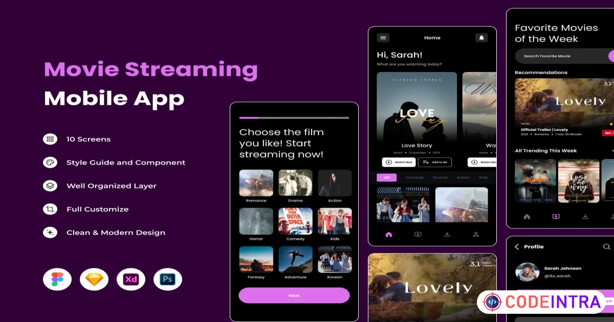 Movio - Streaming Mobile App in FIG, PSD, SKETCH, XD - Codeintra