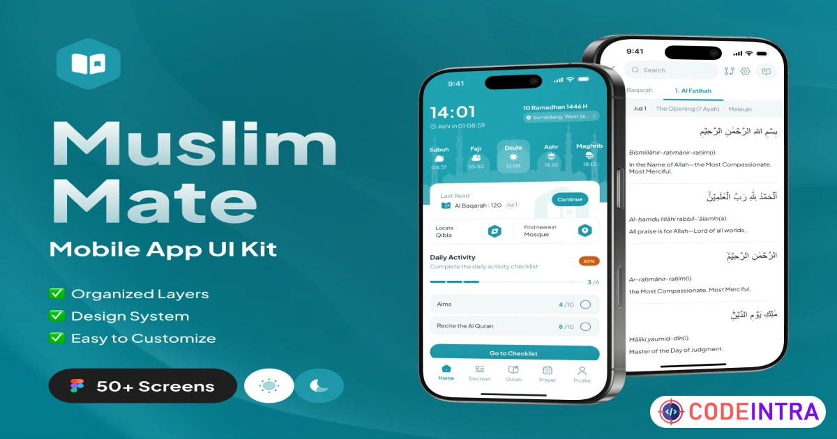 Product featured image Muslim Mate - Mobile App UI Kit - Figma Resources - Codeintra