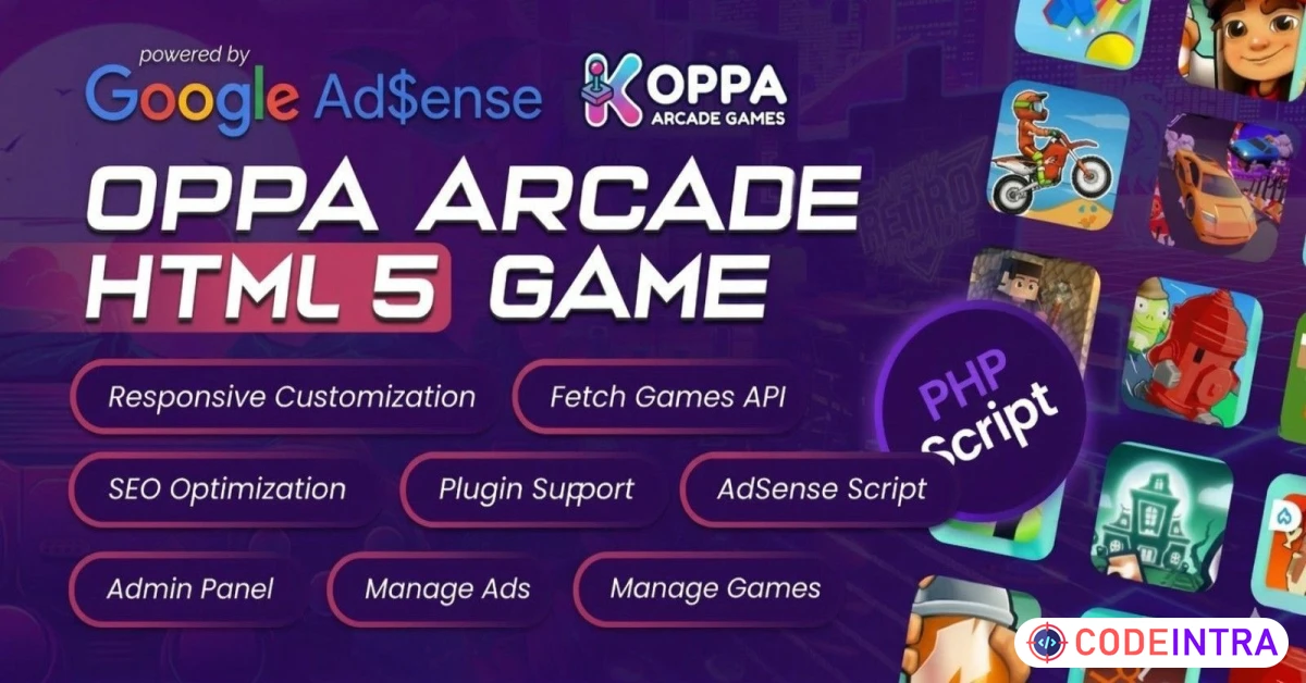 Product featured image Oppa Arcade HTML 5 Game Portal CMS Script with SEO
 - Codeintra