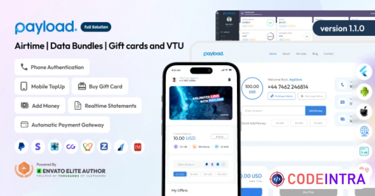 PayLoad - Airtime | Data Bundles | Gift cards and VTU Full Solution - Codeintra