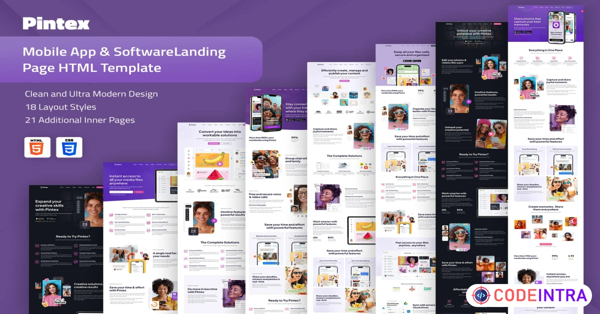 Product featured image Pintex - App & Software Landing Page HTML Template - Codeintra