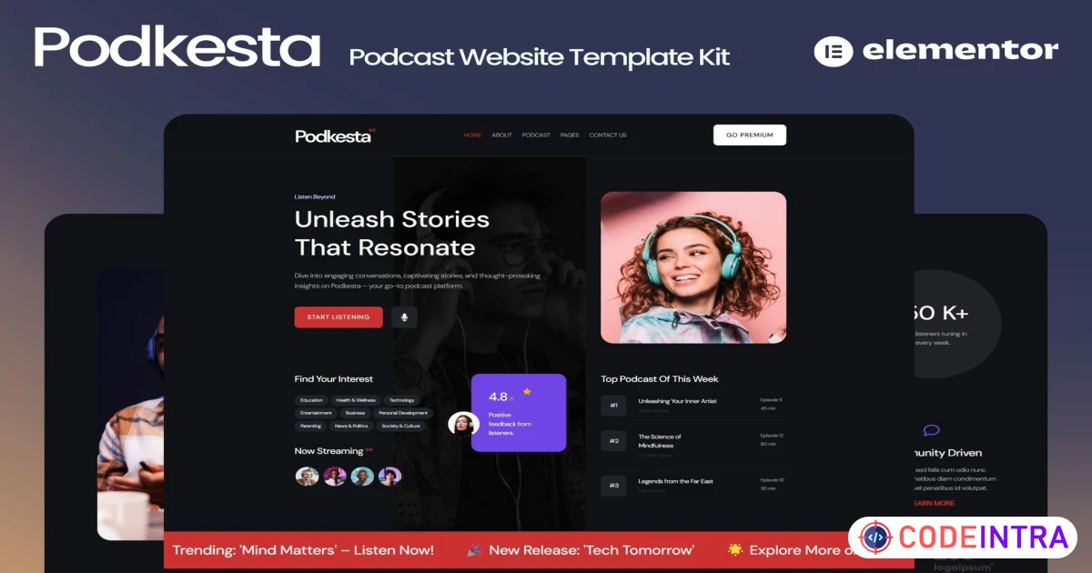 Podkesta - Dark Theme Podcast Elementor Template Kit - Codeintra