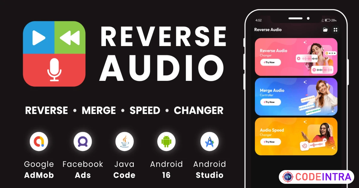 Product featured image Powerful Audio Merge Speed Reverse Changer AdMob Ads Android - Codeintra