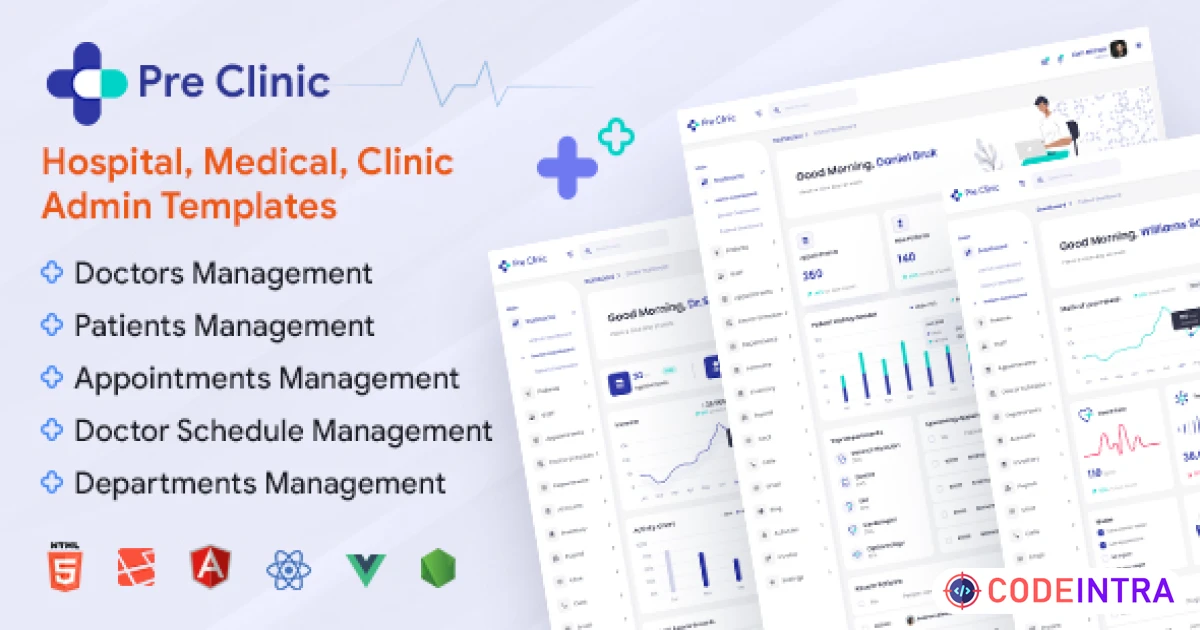 Preclinic - HTML, Vue, React, Angular, Laravel Hospital and Clinic Medical Admin - Codeintra