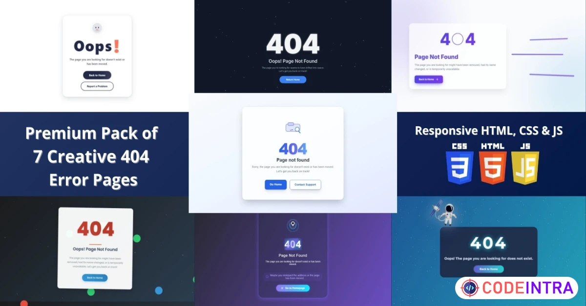 Product featured image Premium Pack of 7 Creative 404 Error Pages - Codeintra