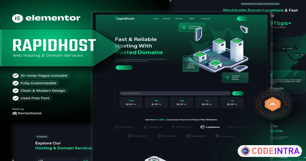 Rapidhost - Web Hosting & Domain Services Elementor Template Kit - Codeintra