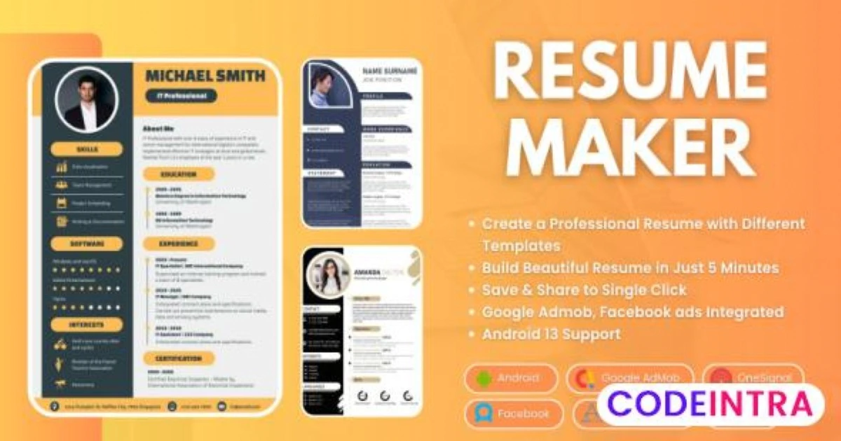 Resume Maker CV Builder with Admob FB Integration
 - Codeintra