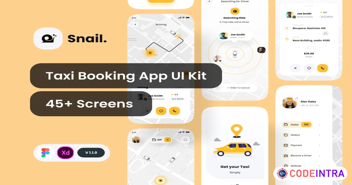 Snail Taxi booking app UI Kit - Figma Resources - Codeintra