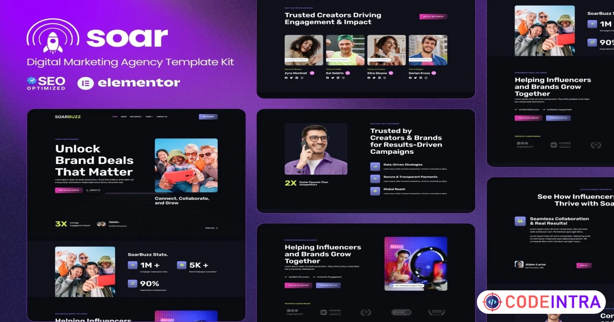 SoarBuzz - Influencer Agency Elementor Template Kit - Codeintra